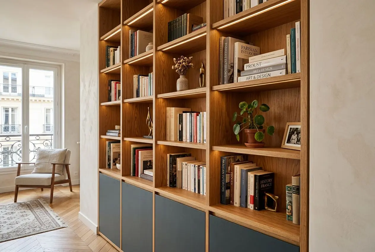 Bibliothèque sur-mesure en bois massif, niches et rangements fermés