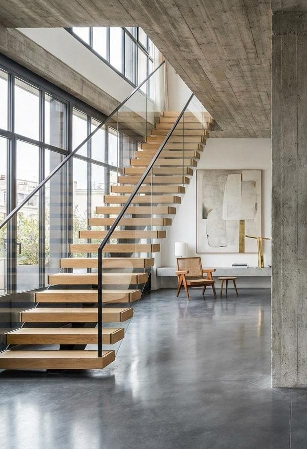 Grand volume ouvert après dépose de mur porteur, escalier suspendu