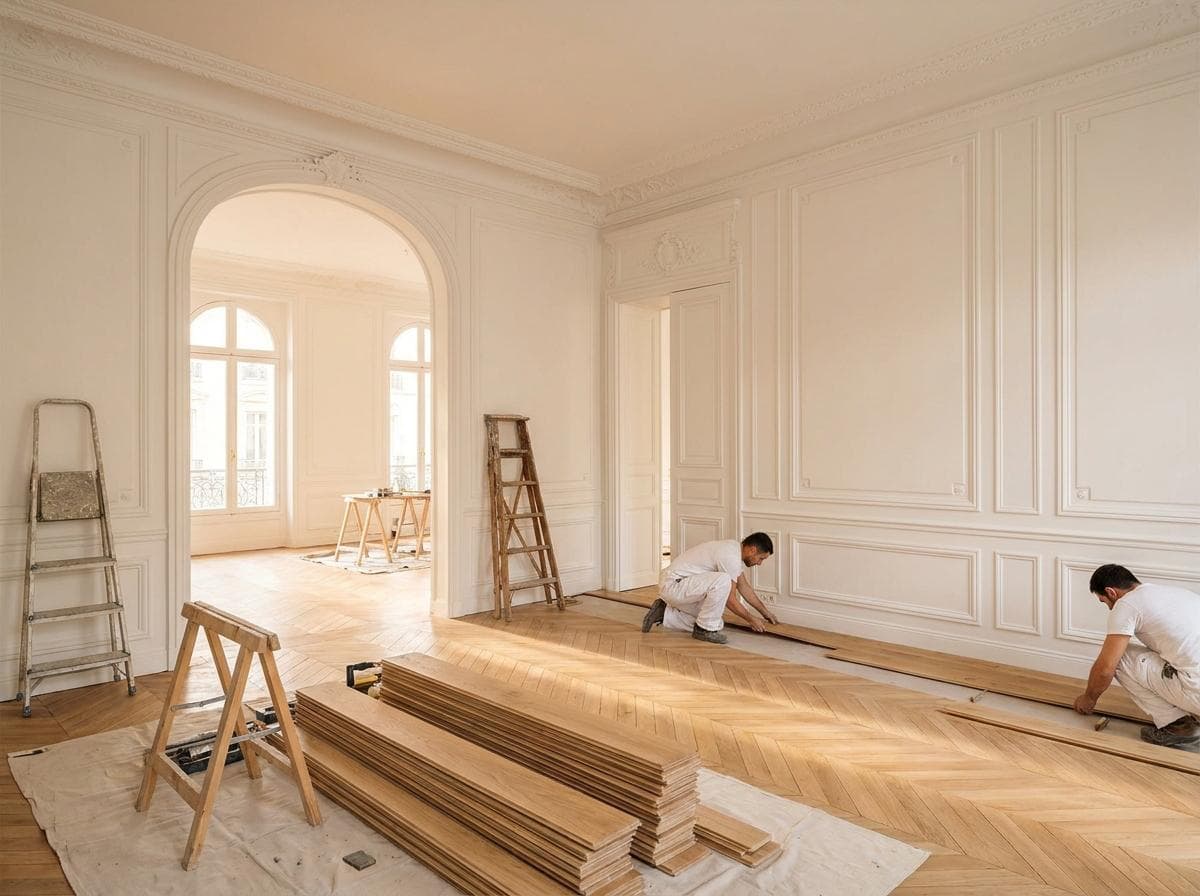Nos équipes posant un parquet dans un appartement haussmannien