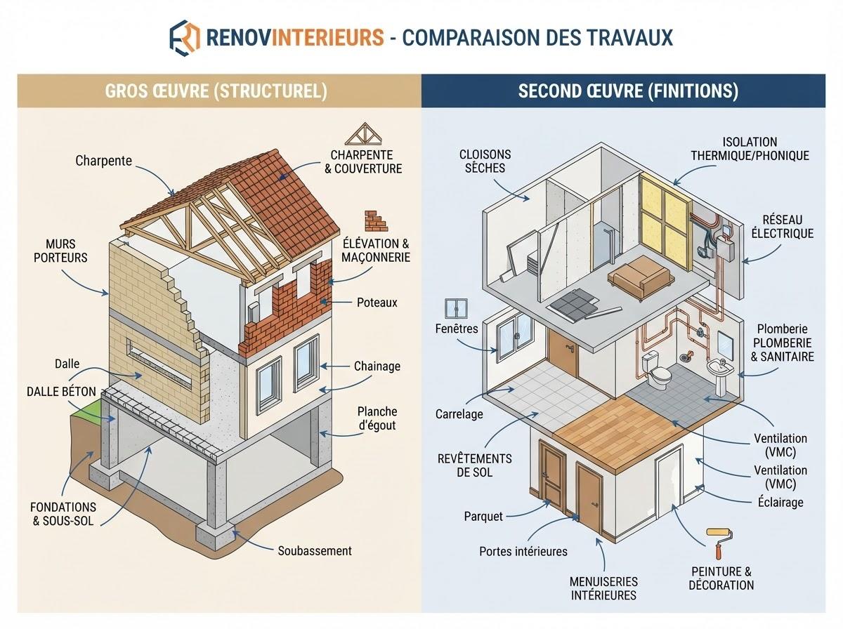 Infographie RENOVINTERIEURS : comparaison gros œuvre (structure, fondations, murs porteurs, charpente) et second œuvre (cloisons, électricité, plomberie, finitions)