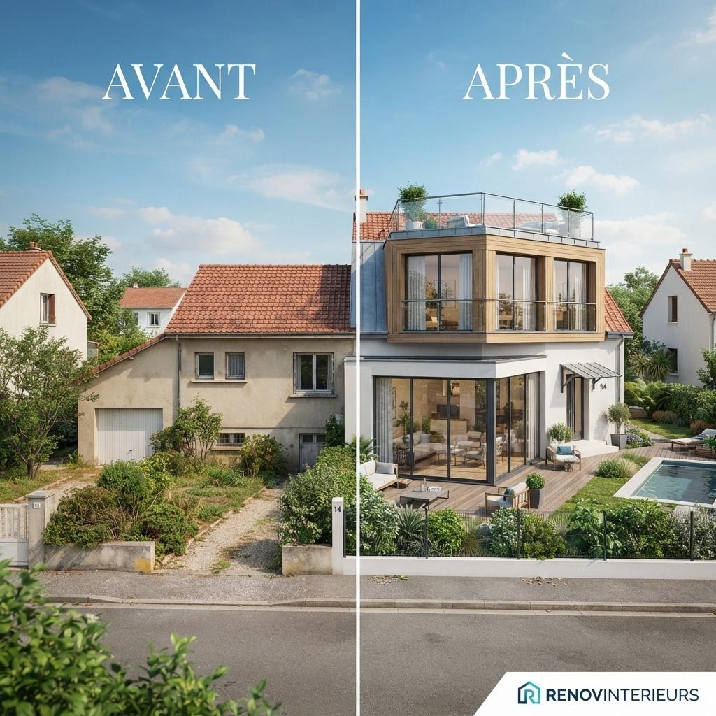 Avant/après : pavillon surélevé d'un étage — gros œuvre, surélévation et extension en Île-de-France