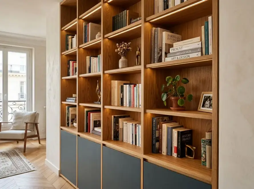 Bibliothèque sur mesure en bois massif avec rangements ouverts et compartiments bas bleus dans un salon lumineux.