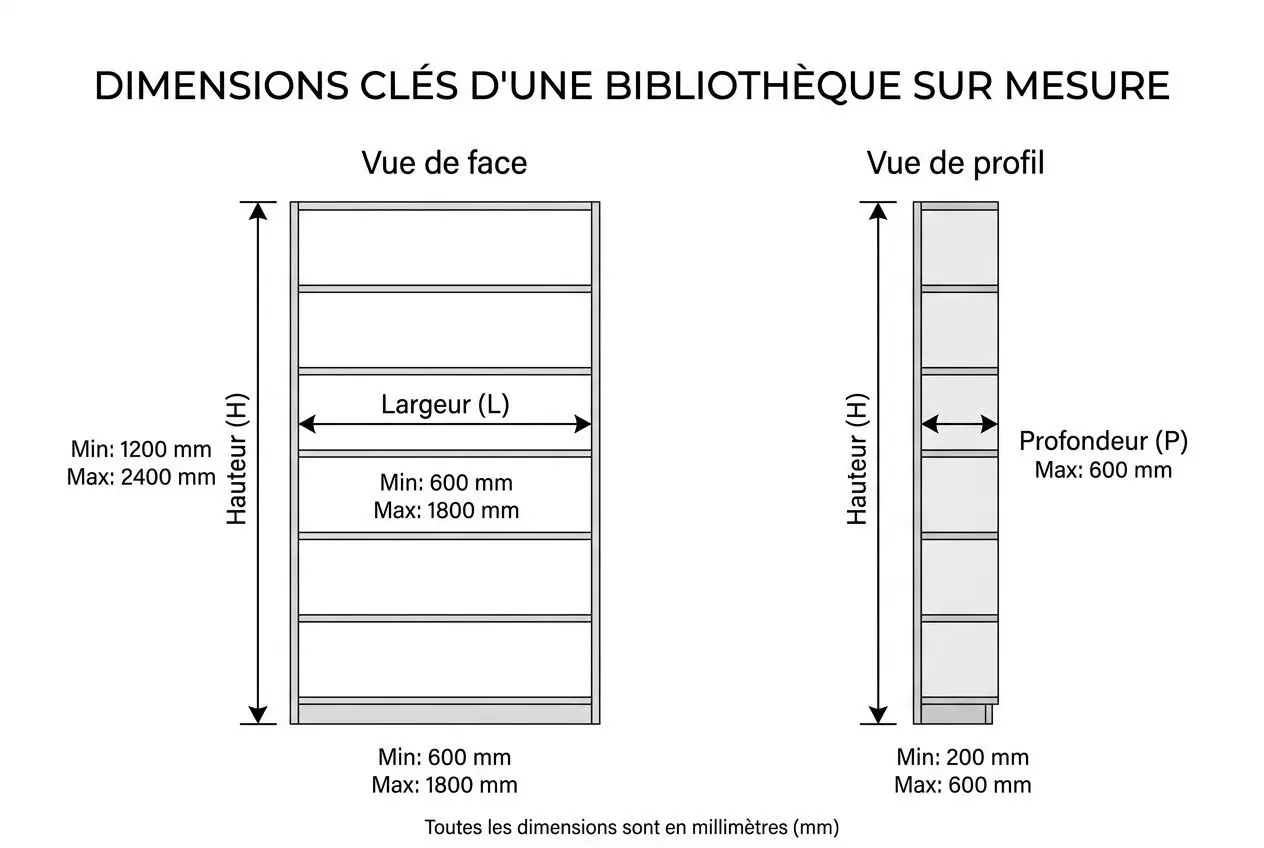 bibliothèque sur mesure en bois massif, schéma de dimensions personnalisables: vue de face et profil avec distances modifiables (hauteur, largeur, profondeur) pour une configuration 100% personnalisable.