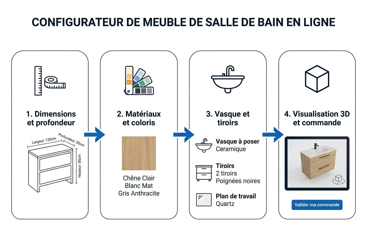 Meuble de salle de bain sur mesure : configurateur 3D en ligne 2 Configuration en ligne d’un meuble de salle de bain sur mesure en 4 étapes, incluant dimensions, matériaux, vasque et visualisation 3D.