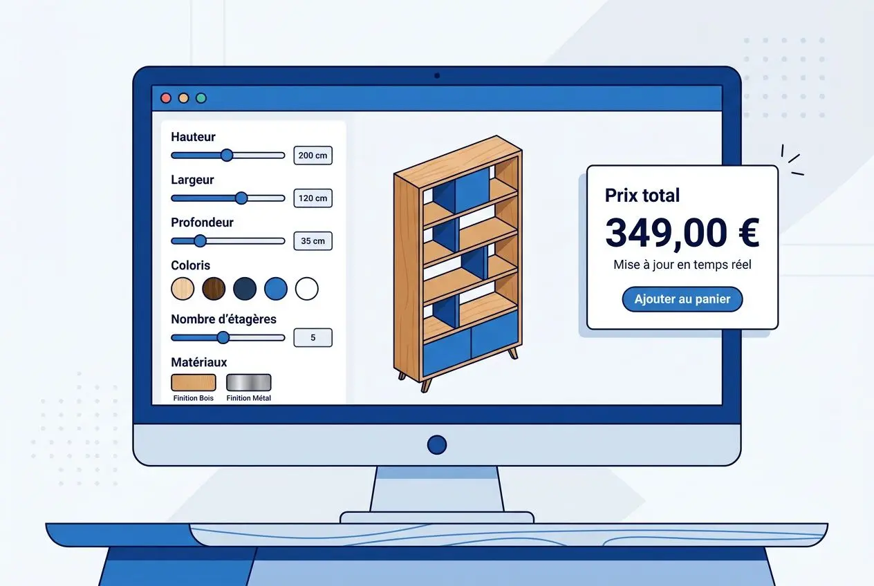 Configurer une bibliothèque sur mesure en bois massif via configurateur en ligne, vue d’un écran affichant le meuble et le prix.