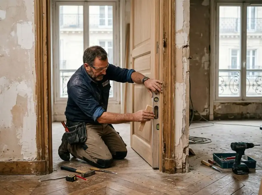 Menuisier posant une porte dans un espace de rénovation, outils et bois autour, ambiance chantier.