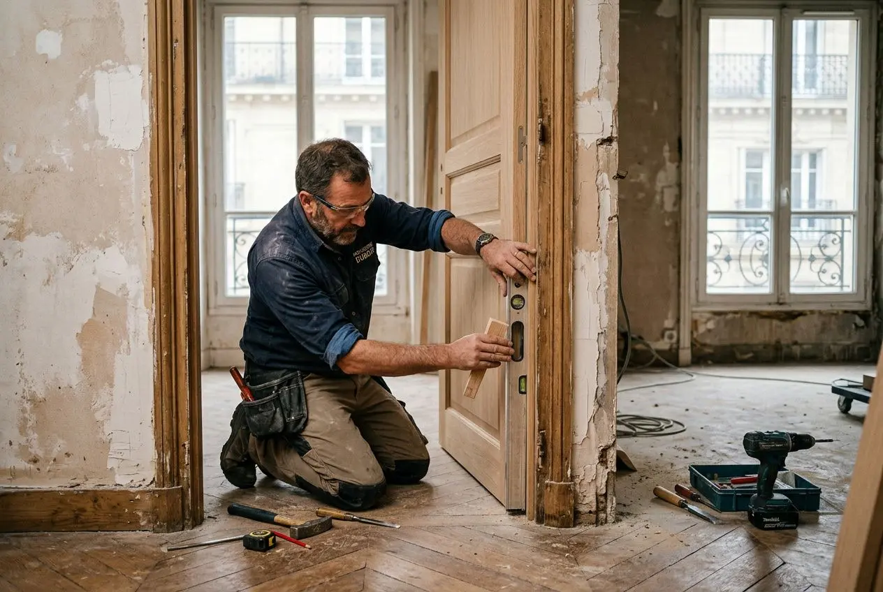 Menuiserie intérieure rénovation : guide des solutions sur-mesure 1 Menuisier posant une porte dans un espace de rénovation, outils et bois autour, ambiance chantier.