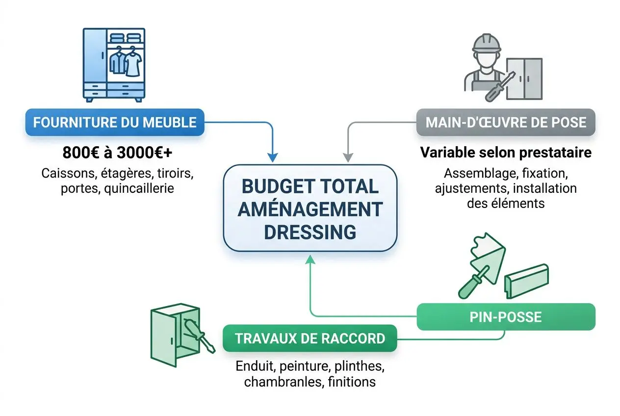 Dressing sur mesure chambre : le rangement idéal 3 Plan budgétaire pour dressing sur mesure chambre: armoire, éléments et travaux de raccord, vivant le rangement idéal.