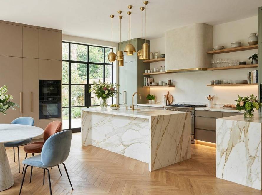 Cuisine sur-mesure avec îlot central en marbre Calacatta, suspensions dorées, façades vert sauge et parquet point de Hongrie