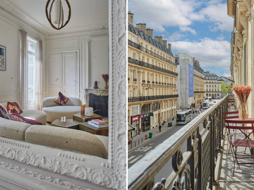 Vue double: salon élégant au cadre blanc orné et balcon urbain ensoleillé, décor raffiné et mobilier contemporain. Meuble de salle de bain sur mesure intégré? Non visible directement.