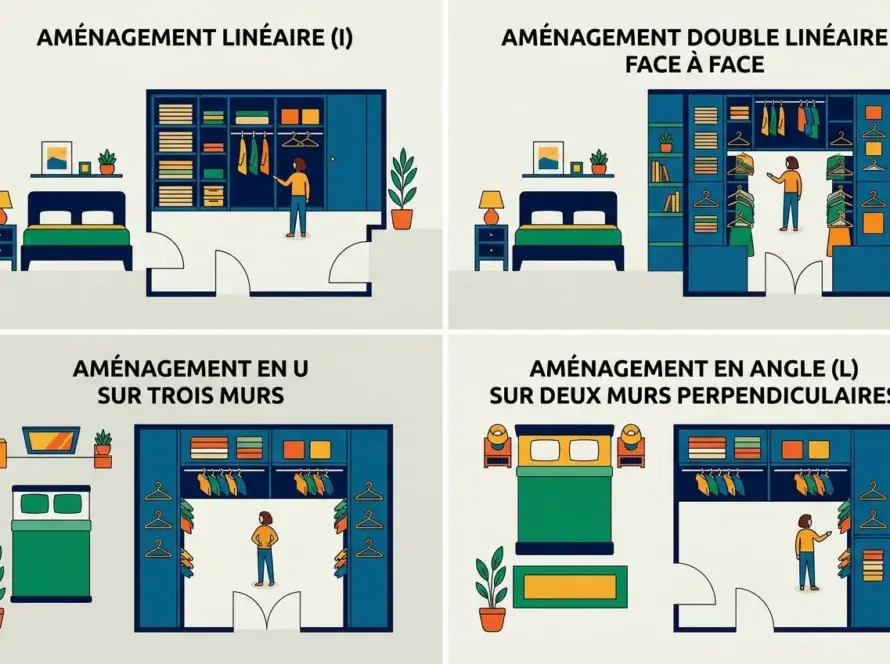 Diagramme illustrant différents types d’aménagement d’une chambre: linéaire, double linéaire face à face, en U sur trois murs et en angle sur deux murs perpendiculaires, avec armoire et dressing.