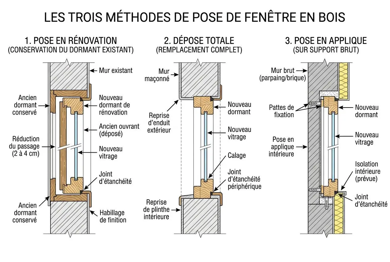 Fenêtre sur mesure paris : pose et devis menuiserie 1 Fenêtre en bois illustrée montrant les trois méthodes de pose: rénovation, dépose totale et pose en applique, avec joints d’étanchéité et vitrage. fenetre sur mesure paris intégré naturellement.