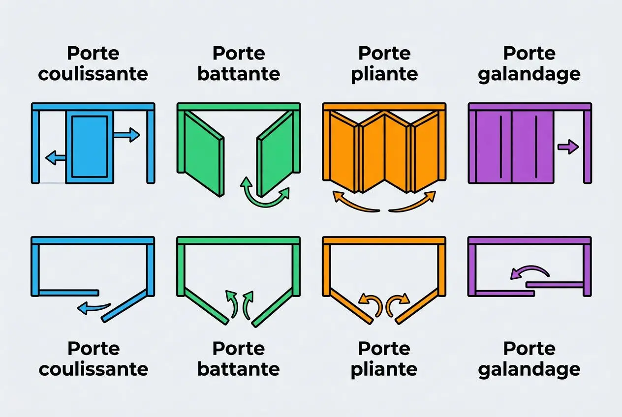 Panneau affichant différents types de portes de placard: coulissante, battante, pliante et galandage en haut et en bas, avec schémas explicatifs colorés. placé pour illustrer le concept de placard sur mesure.