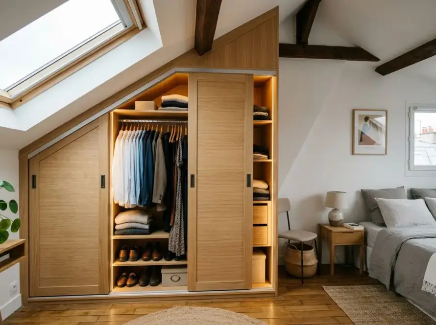 Placard sur mesure intégré sous pente, avec penderie, étagères et tiroirs éclairés en bois clair dans une chambre cosy sous combles.