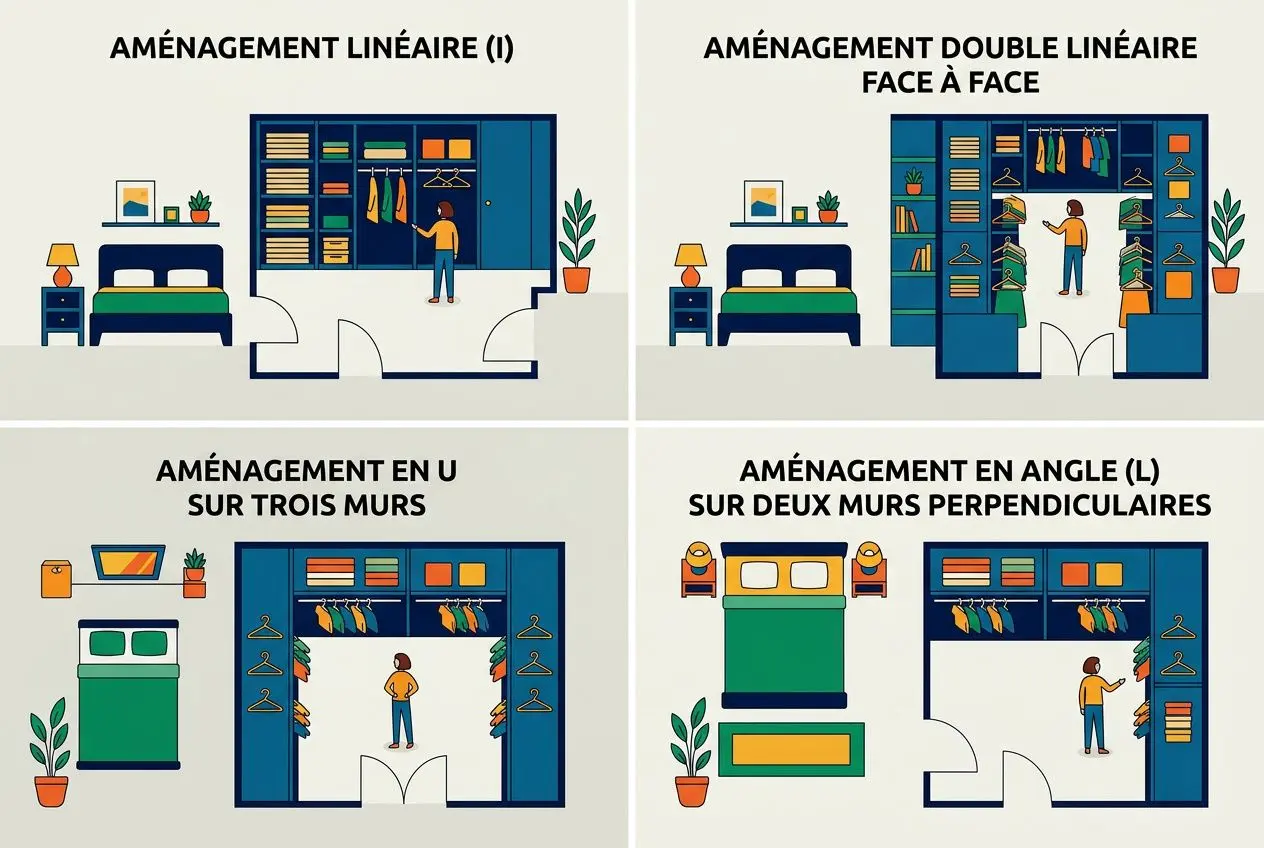 Menuisier cuisiniste : l'artisan idéal pour votre cuisine sur mesure 1 Plan d’aménagement de dressing par un menuisier cuisiniste montrant différentes configurations et rangements sur mesure.