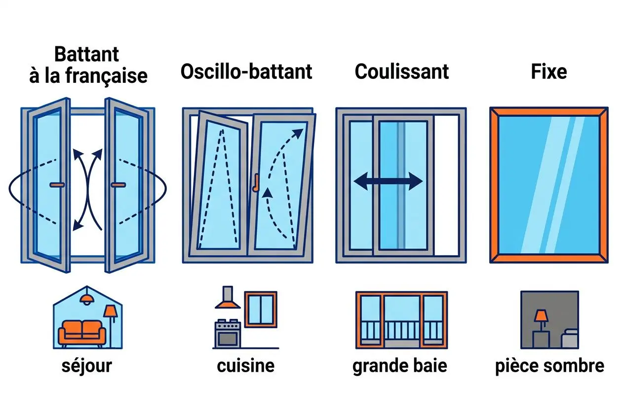 Comment bien choisir ses menuiseries : le guide complet 3 Quatre types de menuiseries illustrés: battant à la française, oscillobattant, coulissant et fixe, avec usages comme séjour, cuisine, grande baie et pièce sombre.