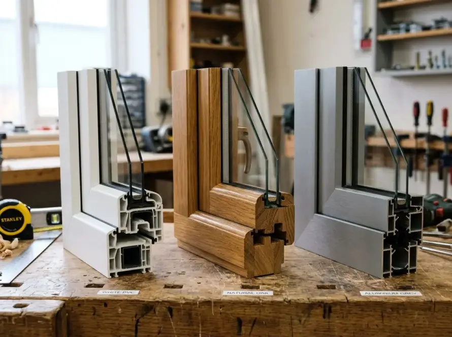 Trois échantillons de menuiseries à cadres de fenêtres (PVC blanc, bois brun et aluminium gris) posés sur un établi, démontrant différents matériaux et designs.