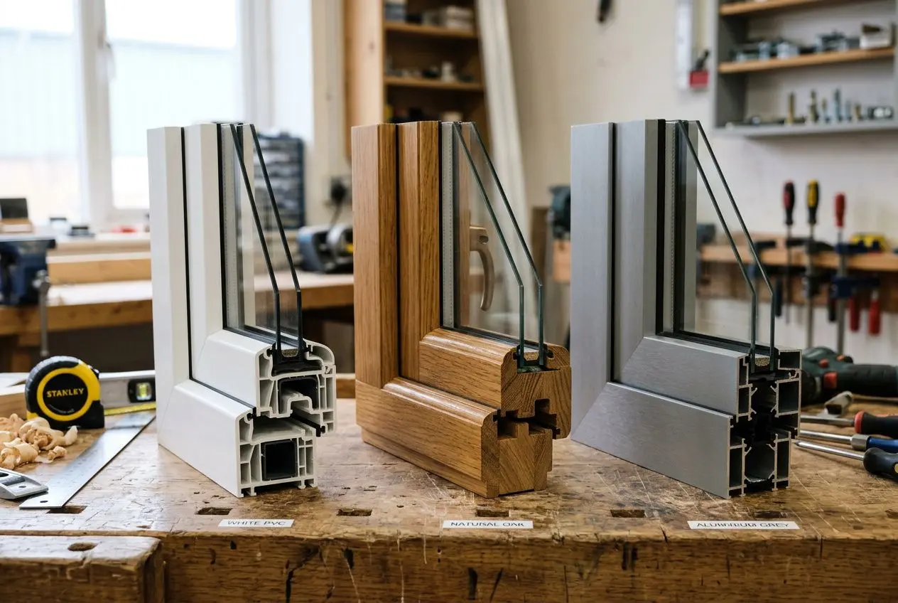 Comment bien choisir ses menuiseries : le guide complet 1 Trois échantillons de menuiseries à cadres de fenêtres (PVC blanc, bois brun et aluminium gris) posés sur un établi, démontrant différents matériaux et designs.