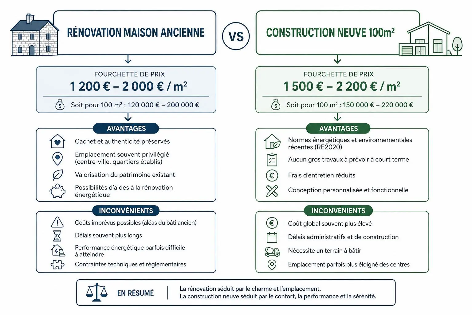 Alt text: Comparaison rénovation maison ancienne vs construction neuve 100m2, prix 1 200–2 000 €/m² vs 1 500–2 200 €/m², avantages et inconvénients, résumé. Coût rénovation maison 100m2.