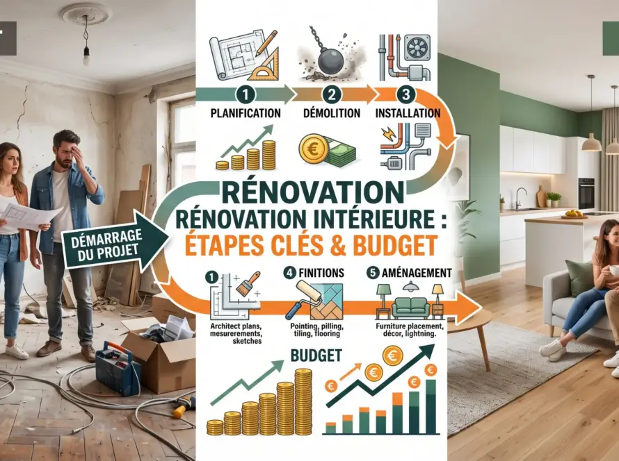 Avant et après rénovation intérieure haut de gamme avec planification, démolition et installation au centre.