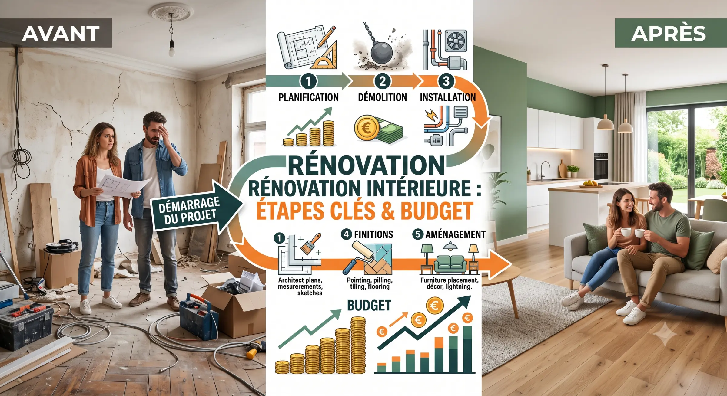 Avant et après rénovation intérieure haut de gamme avec planification, démolition et installation au centre.