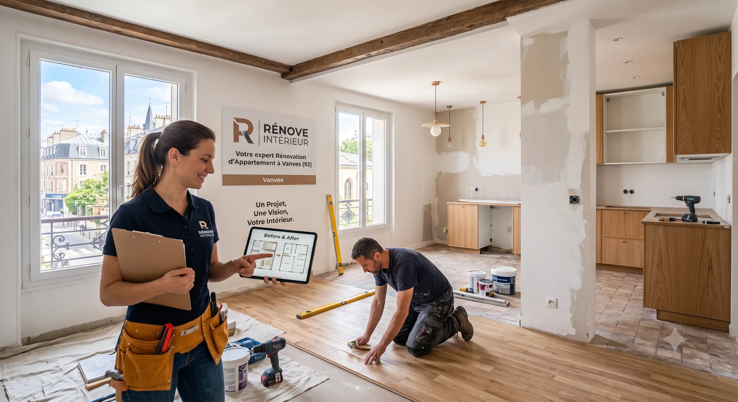 Chargé d’affaires et artisan posant un plan dans une pièce en rénovation avec un menuisier au sol et divers outils.