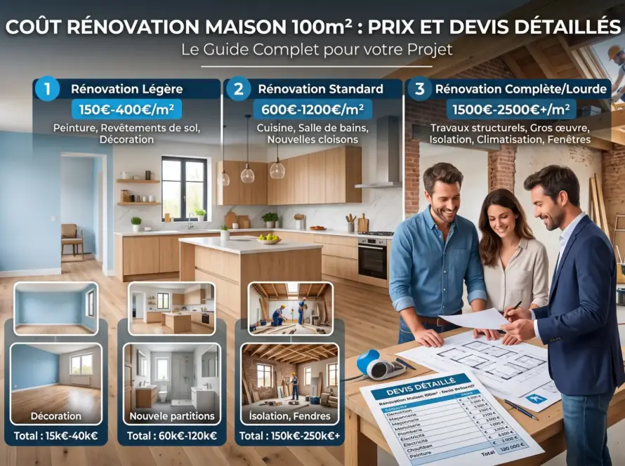 Coût rénovation maison 100m² : guide détaillé avec trois niveaux de rénovation et échantillons de pièces, décorations et isolation.