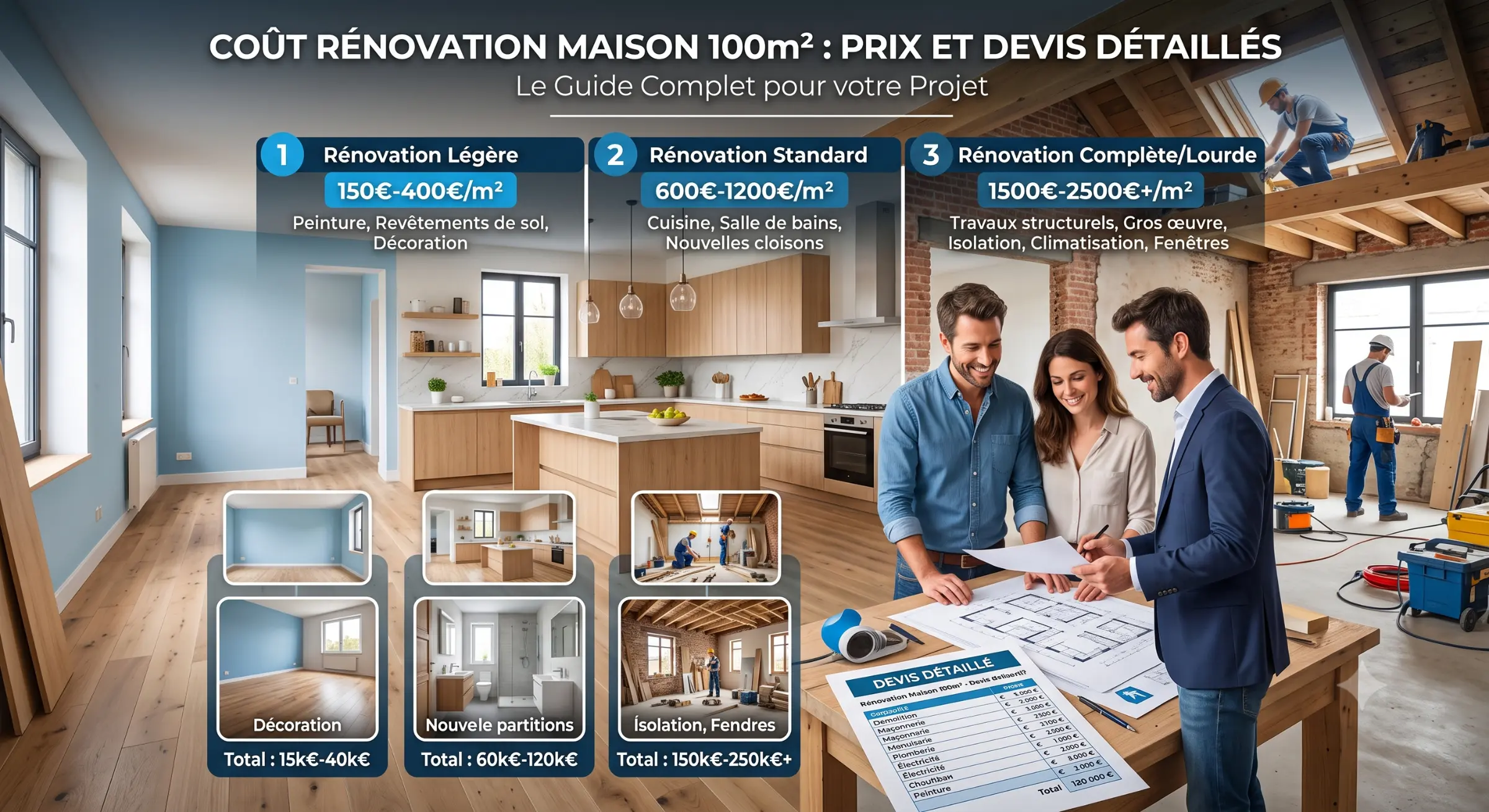 Coût rénovation maison 100m² : guide détaillé avec trois niveaux de rénovation et échantillons de pièces, décorations et isolation.