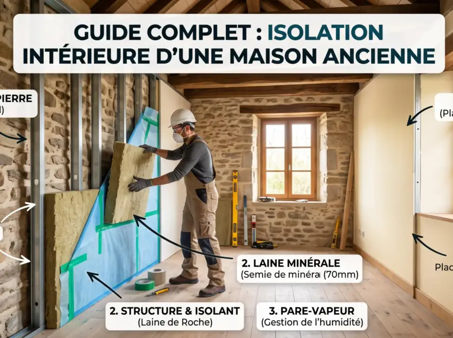Guide complet: isolation intérieure d'une maison ancienne : intérieur en pierre et bois, isolation laine minérale et structure, homme posant une barrière et pare-vapeur, finitions en placoplâtre BA13.