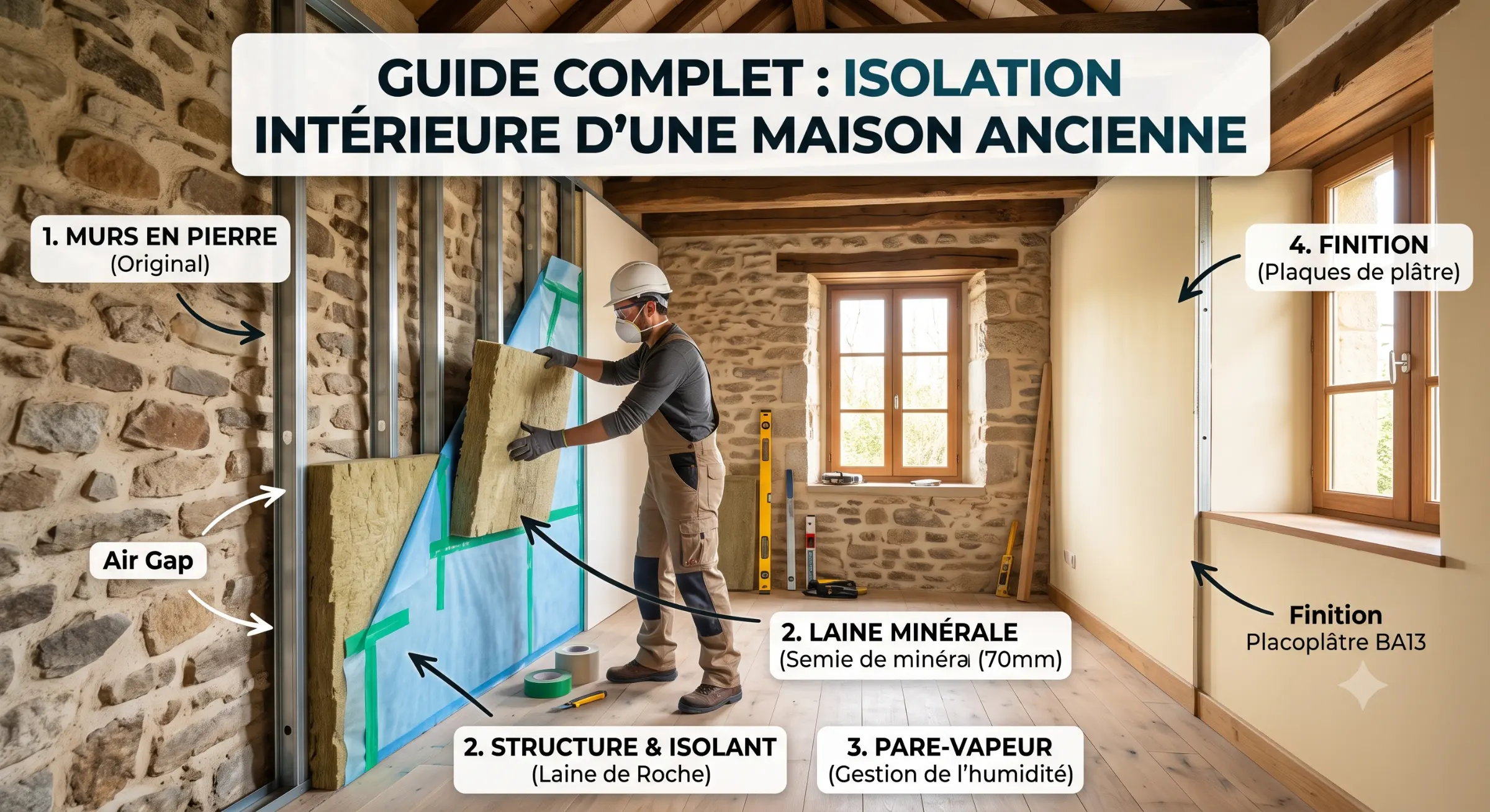 Guide complet: isolation intérieure d'une maison ancienne : intérieur en pierre et bois, isolation laine minérale et structure, homme posant une barrière et pare-vapeur, finitions en placoplâtre BA13. Guide complet: isolation intérieure d'une maison ancienne : intérieur en pierre et bois, isolation laine minérale et structure, homme posant une barrière et pare-vapeur, finitions en placoplâtre BA13.
