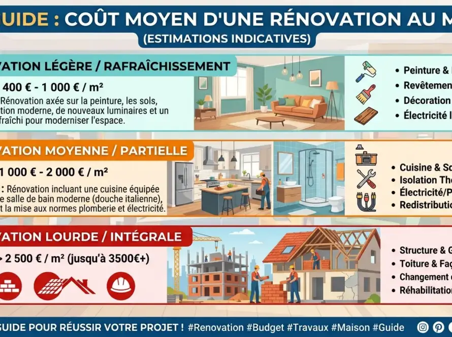 Guide illustré des coûts moyens d'une rénovation au m² avec 3 niveaux d'interventions (léger, moyenne/partielle, lourde) et leurs prestations associées.