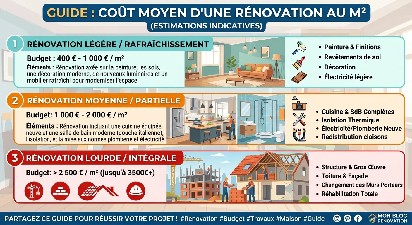 Guide illustré des coûts moyens d'une rénovation au m² avec 3 niveaux d'interventions (léger, moyenne/partielle, lourde) et leurs prestations associées.