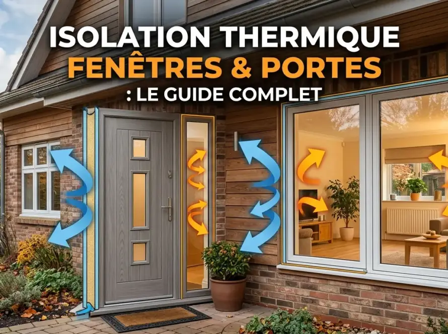 Isolation thermique : fenêtres et portes—guide complet, image d’une façade bois avec porte et fenêtres, flèches thermiques bleues et orange montrant isolement.