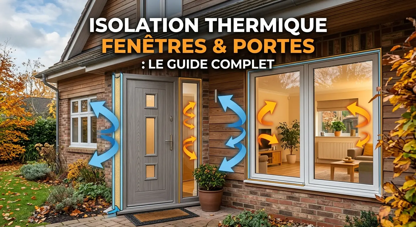 Isolation thermique : fenêtres et portes—guide complet, image d’une façade bois avec porte et fenêtres, flèches thermiques bleues et orange montrant isolement. Isolation thermique : fenêtres et portes—guide complet, image d’une façade bois avec porte et fenêtres, flèches thermiques bleues et orange montrant isolement.