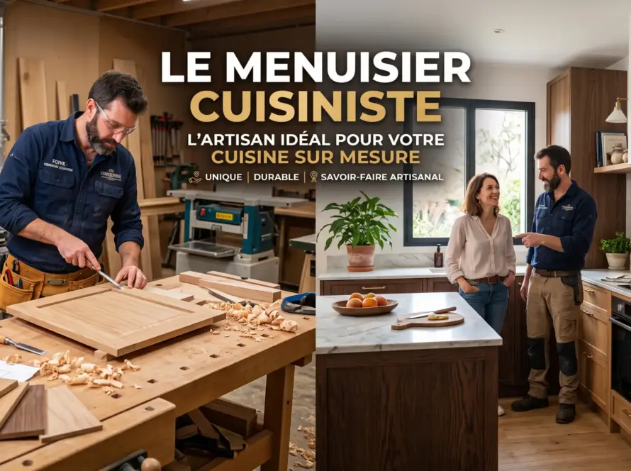 Menuisier cuisiniste en atelier, travaillant sur une planche en bois avec clients présents dans la cuisine. Textes: “Le menuisier cuisiniste” et ambiance atelier premium.