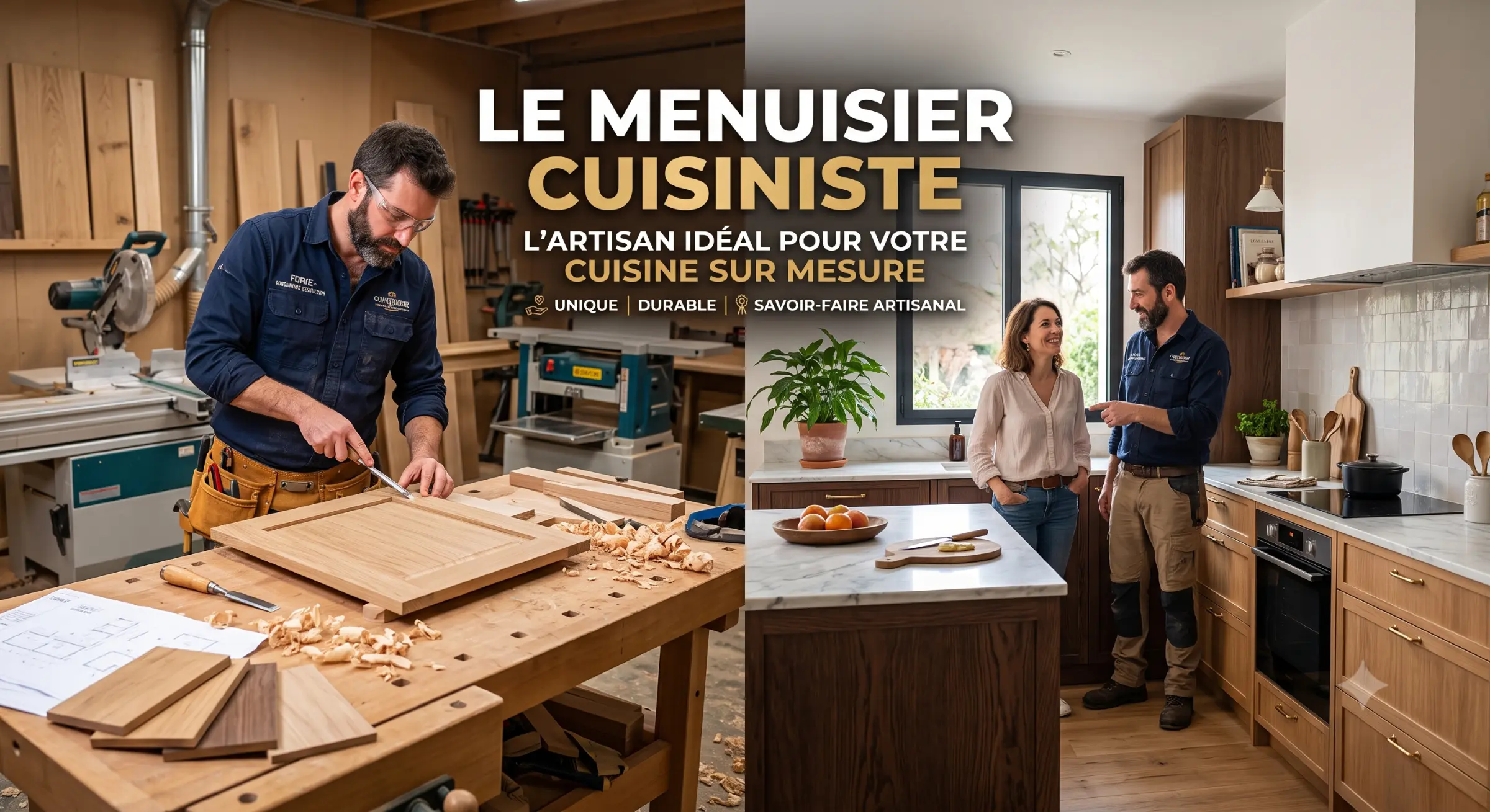 Menuisier cuisiniste en atelier, travaillant sur une planche en bois avec clients présents dans la cuisine. Textes: “Le menuisier cuisiniste” et ambiance atelier premium. Menuisier cuisiniste en atelier, travaillant sur une planche en bois avec clients présents dans la cuisine. Textes: “Le menuisier cuisiniste” et ambiance atelier premium.