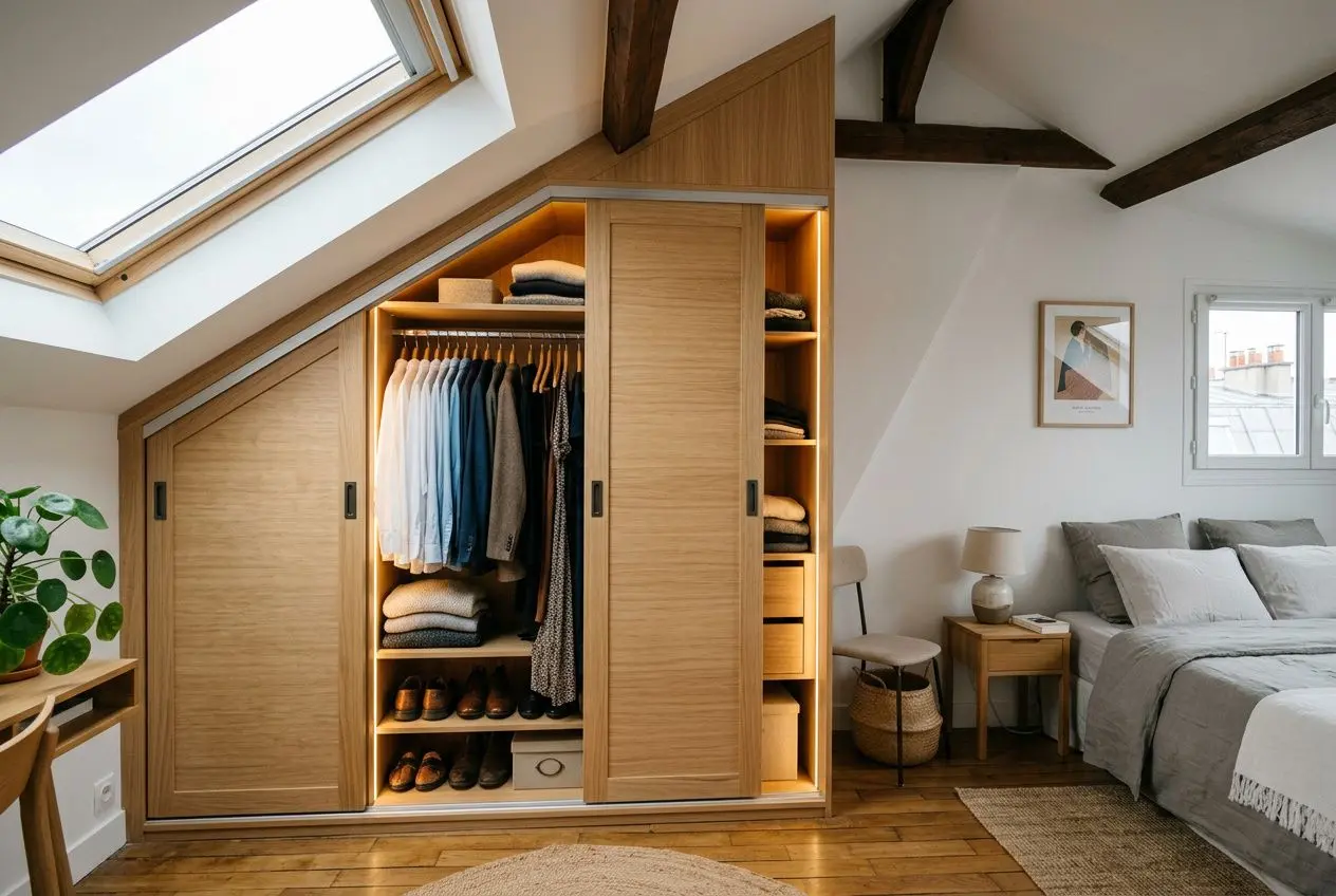 Isolation des combles aménageables : guide complet 2026 1 Penderie intégrée sous pente en bois, rangements ouverts et tiroirs, éclairage intérieur, coin dressing dans une chambre lumineuse avec lit et armoire aménagée. isolation combles aménageables visible?