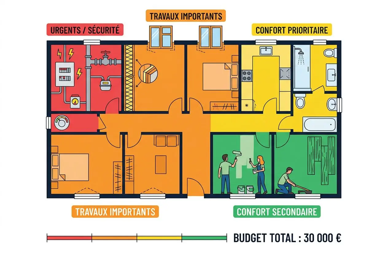 Plan d’un appartement avec sections travaux importants, urgents/sécurité et confort: coût total 30 000 €, image illustre le coût moyen d'une rénovation intérieure de maison par zones.