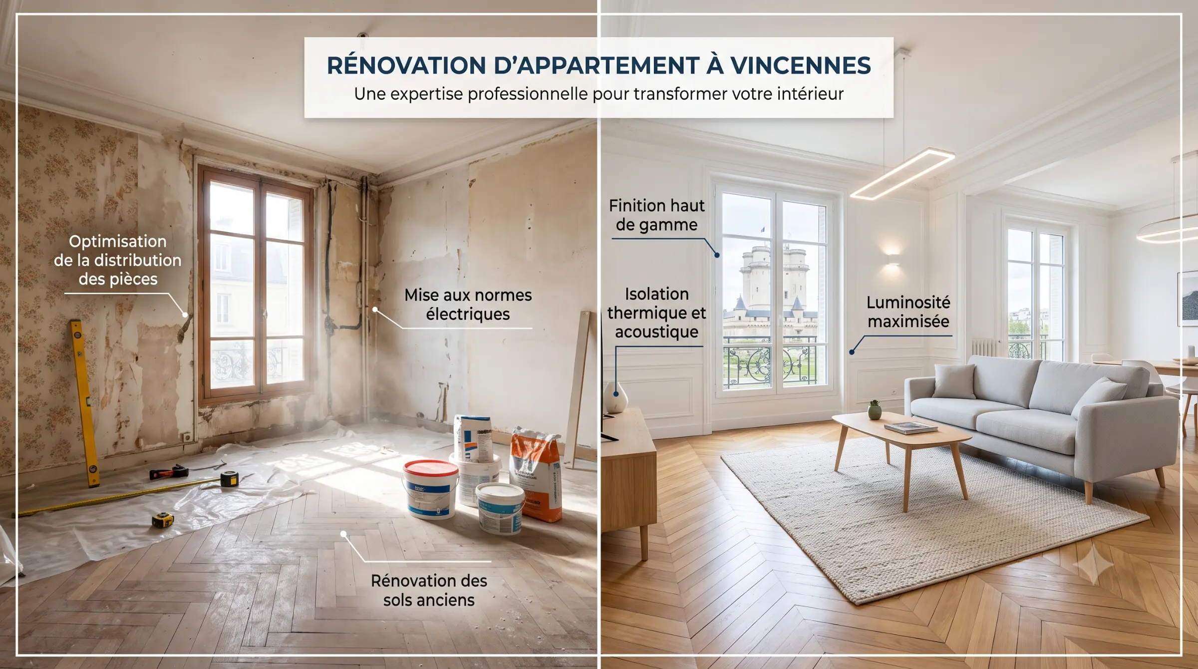 Rénovation d'appartement à Vincennes : tous corps d'état, expertise haussmannienne 1 Rénovation d’appartement à Vincennes: avant / après intérieur moderne avec salon lumineux, parquet et murs rénovés.