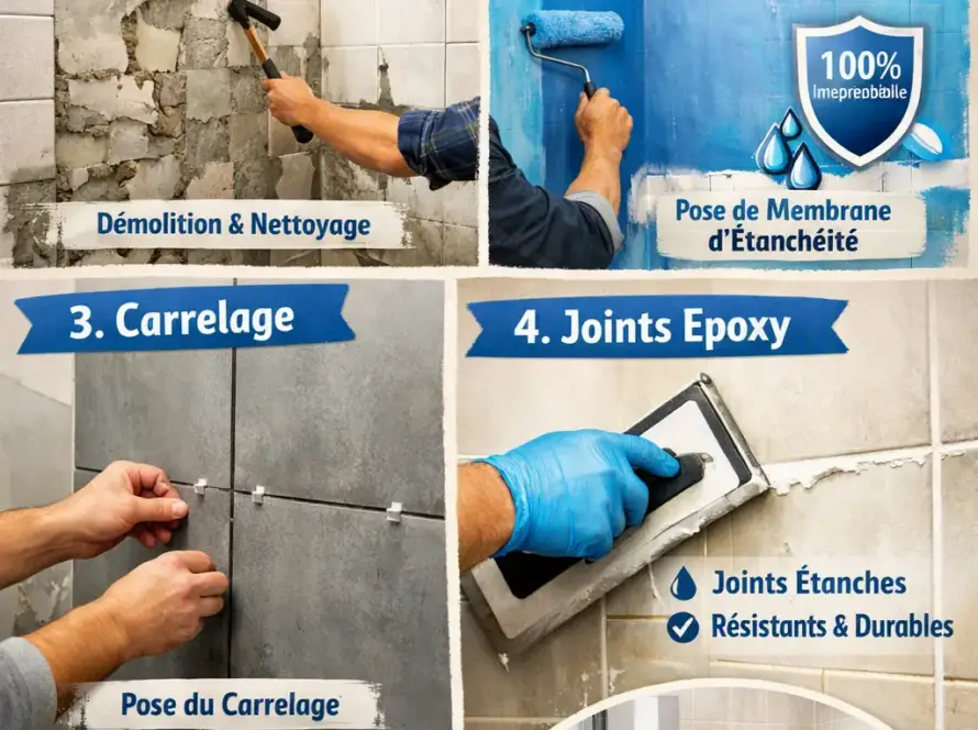 Rénovation de salle de bain : étapes clés en quatre volets, préparation, étanchéité, carrelage et joints epoxy avec démonstration visuelle et baignoire moderne.