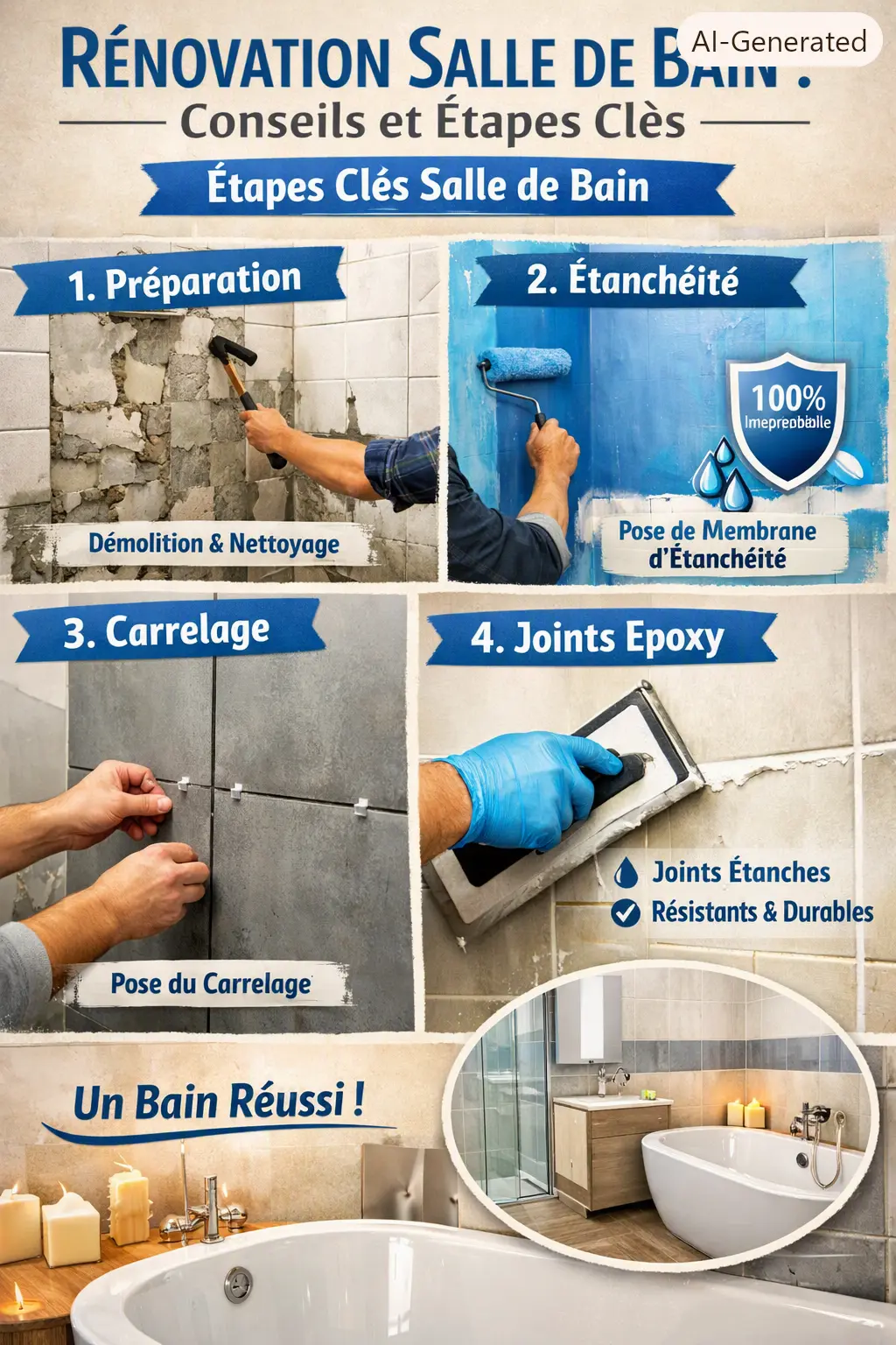 Rénovation de salle de bain : étapes clés en quatre volets, préparation, étanchéité, carrelage et joints epoxy avec démonstration visuelle et baignoire moderne.