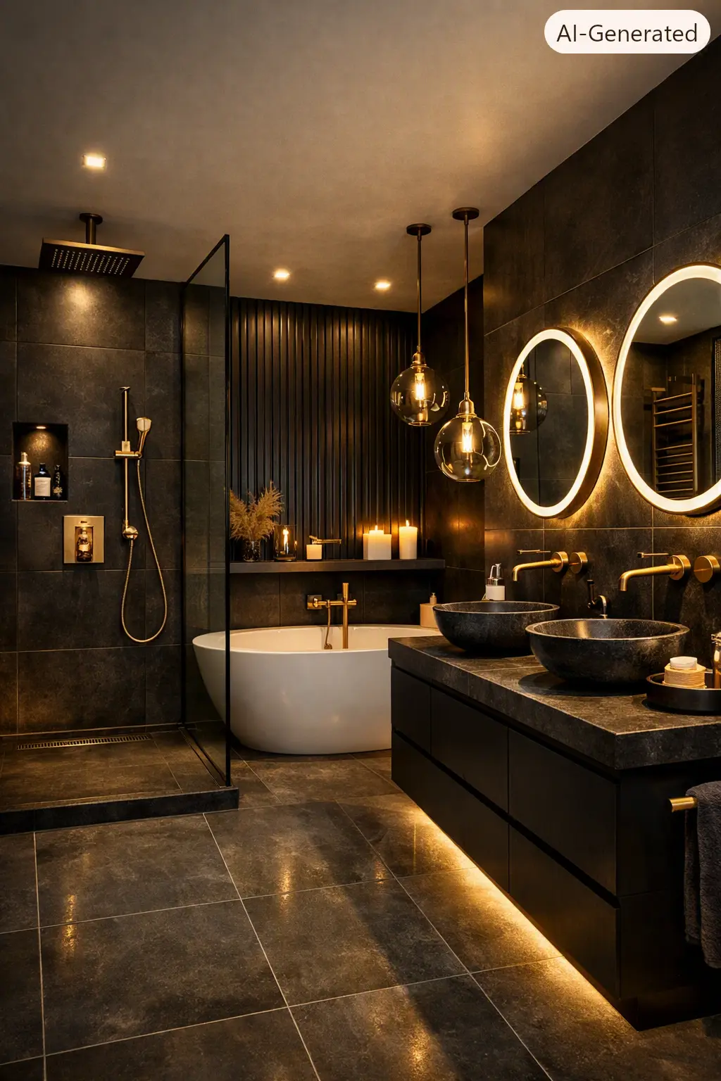 Salle de bains sombre et luxueuse avec douche à l’italienne, baignoire freestanding et rangements noir mat, éviers-boules et miroirs ronds lumineux. alt: Salle de bains contemporaine haut de gamme avec éclairage néon et finitions en marbre noir.