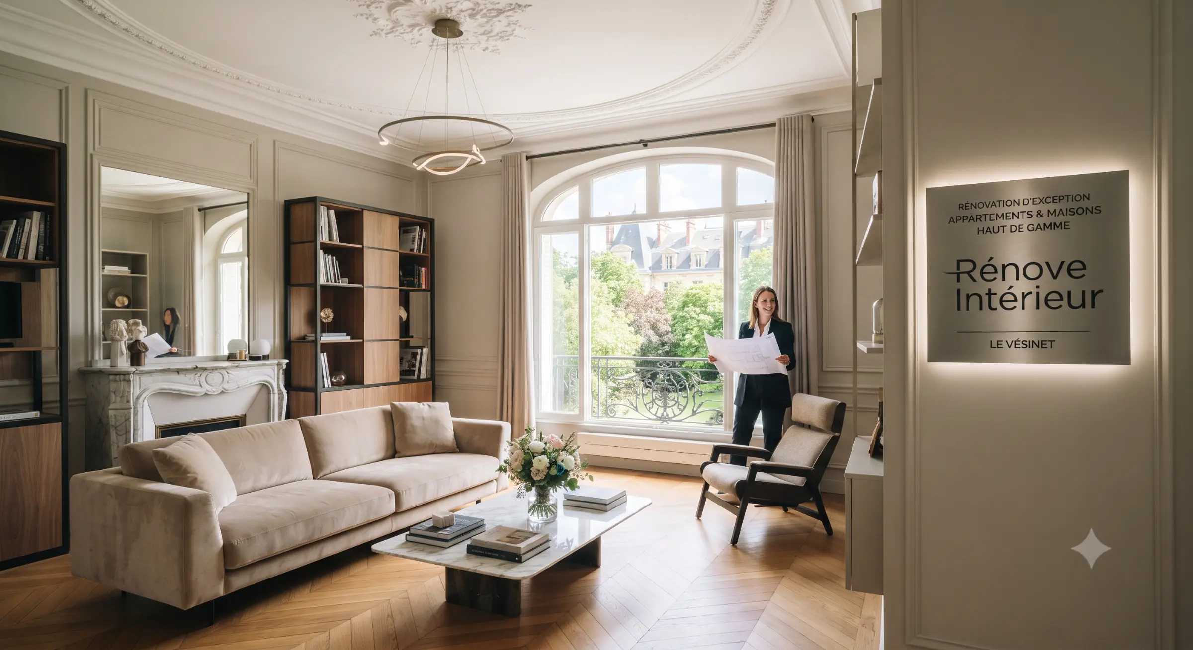 Rénovation au Vésinet 78110 : maisons et appartements haut de gamme 1 Salon lumineux élégant avec canapé beige, table basse et literature. Une professionnelle tient des plans près d’une grande baie vitrée; signage “Rénove Intérieur” au mur.