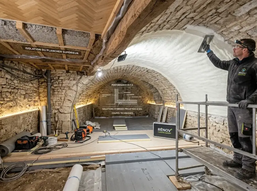 Travailleur en combinaison protège-tout sur une arche en pierre, effectuant des finitions sur un chantier de rénovation intérieur, avec outils et matériaux autour.