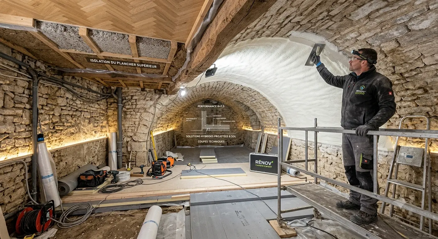 Travailleur en combinaison protège-tout sur une arche en pierre, effectuant des finitions sur un chantier de rénovation intérieur, avec outils et matériaux autour.