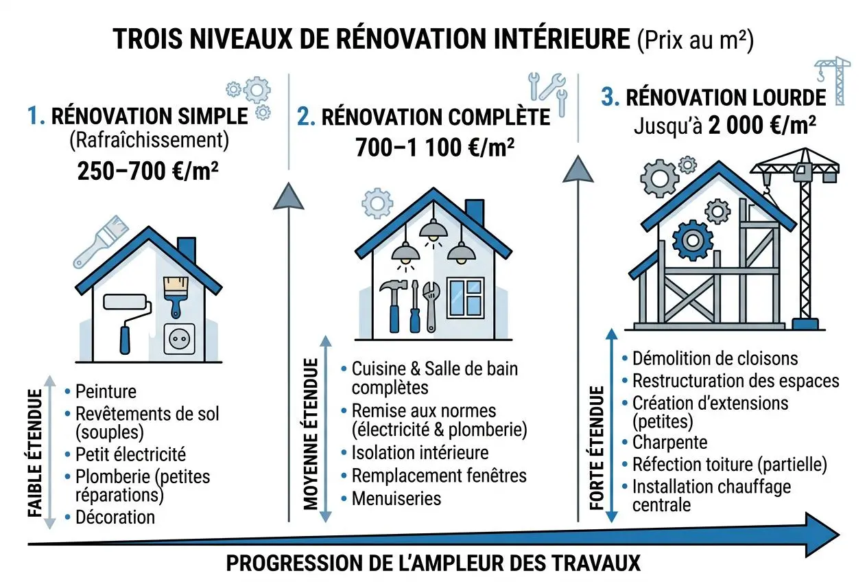 Isolation maison ancienne par l'intérieur : guide complet 1 Trois niveaux de rénovation intérieure illustrés pour l’isolation maison ancienne par l’intérieur, avec coûts et évolution des travaux.