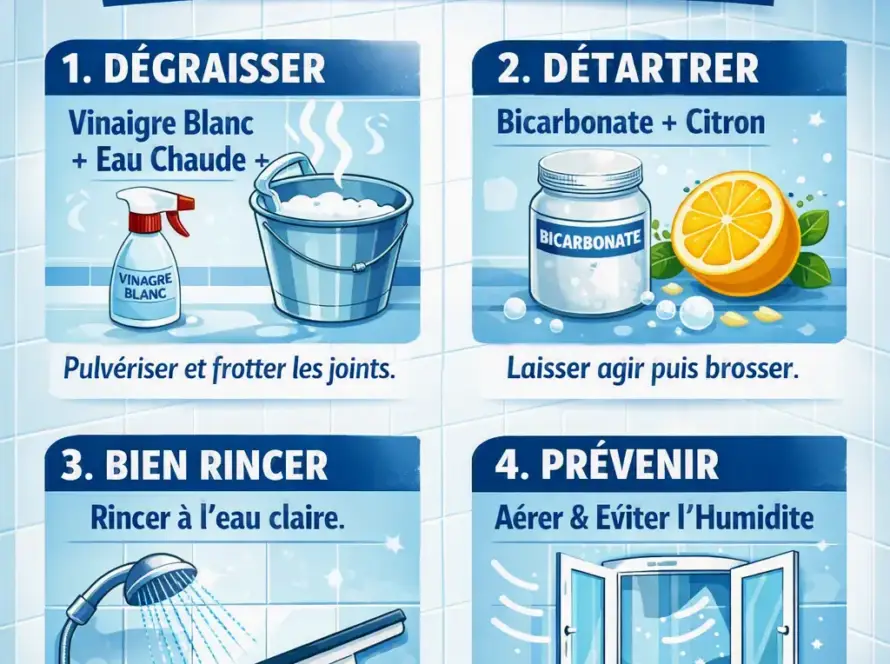 Comment Nettoyer efficacement le carrelage de sa salle de bain, guide en 4 étapes: dégraisser, détartar, bien rincer et prévenir, avec conseils anti-produits agressifs.