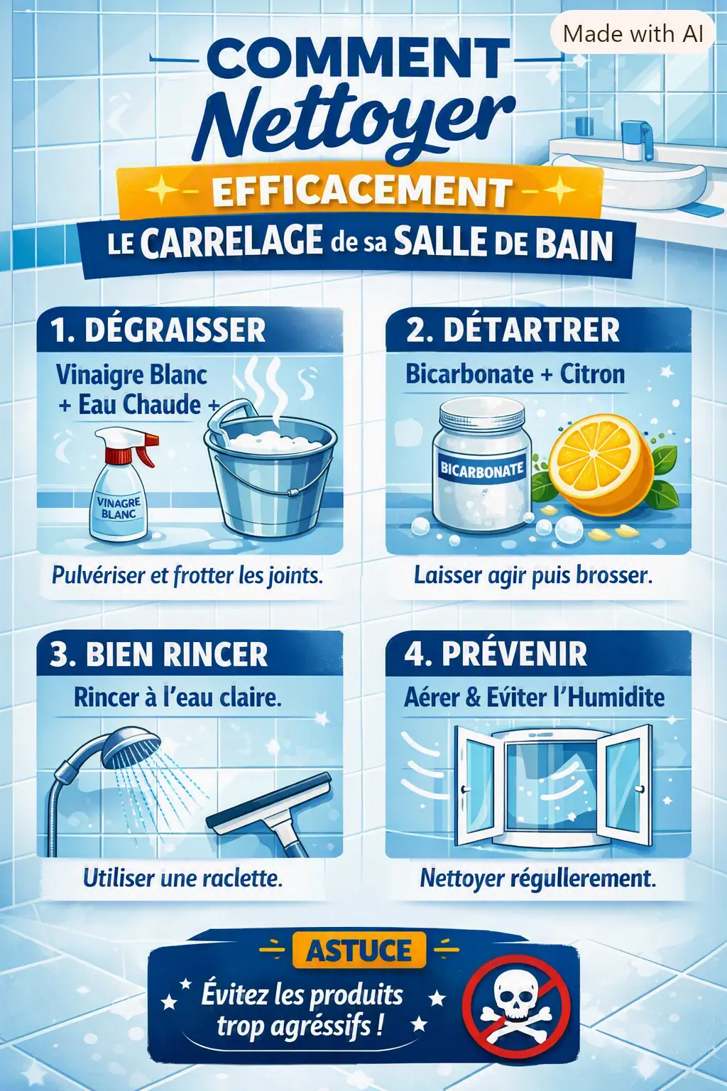 Comment Nettoyer efficacement le carrelage de sa salle de bain, guide en 4 étapes: dégraisser, détartar, bien rincer et prévenir, avec conseils anti-produits agressifs. Comment Nettoyer efficacement le carrelage de sa salle de bain, guide en 4 étapes: dégraisser, détartar, bien rincer et prévenir, avec conseils anti-produits agressifs.