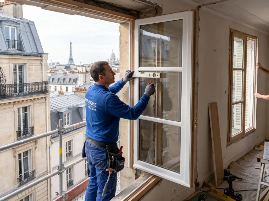 Deux artisans installent une grande fenêtre dans une cuisine en rénovation, avec vue sur Paris et des outils autour. Rénovation cuisine complète.