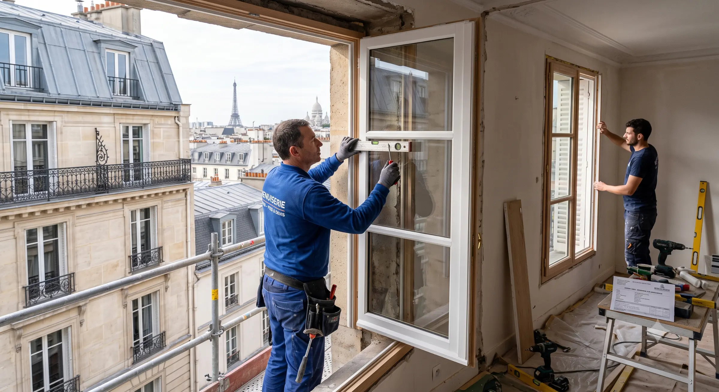 Rénovation cuisine complète : guide, prix et étapes clés 1 Deux artisans installent une grande fenêtre dans une cuisine en rénovation, avec vue sur Paris et des outils autour. Rénovation cuisine complète.